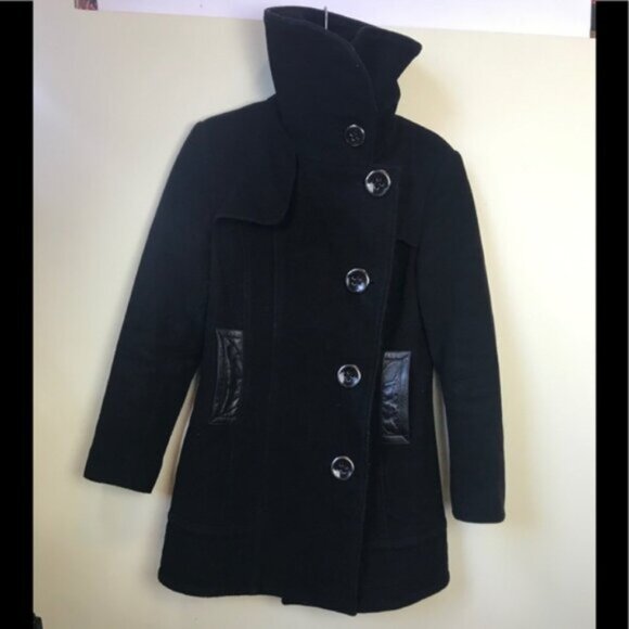 Mackage Wool Leather Fitted Car Coat Large Collar Pockets Wool Pea Coat Jacket - Picture 3 of 16